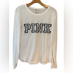 Pink Sz S White Rhinestone Crew Neck Classic Cotton Long Sleeve T-Shirt